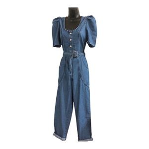 Jessica Simpson denim puff sleeve jumpsuit size medium blue jeans adjustable hem